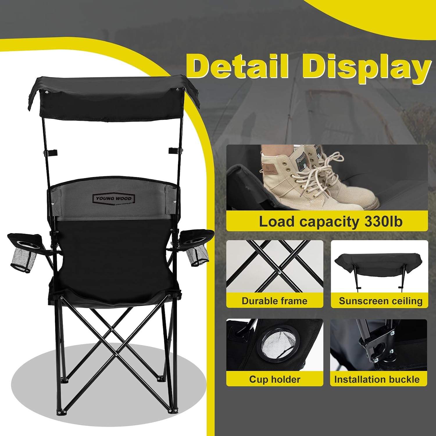 YOUNG WOOD Camping Chair with Canopy, Beach Chair with Shade,Portable,Lightweight Oversized for All, Easy to Open and Close Without Installation, Side Pocket Design for All Outdoor Activities，Black